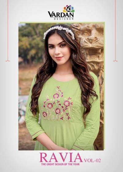 Ravia Vol 2 By Vardan Designer Partywear Rayon Long Kurti Collection